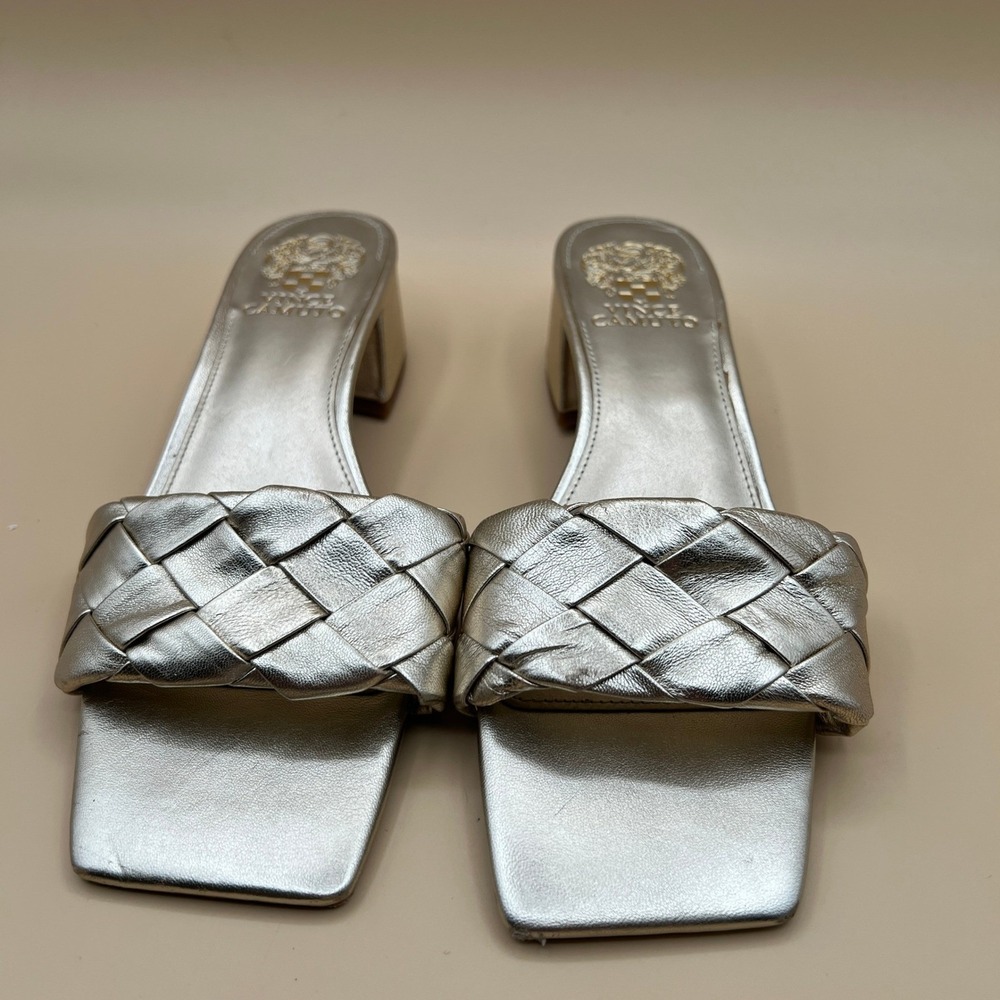 Vince Camuto Womens Gold Metallic Braided Square Toe Block Heel Mules Size 8M